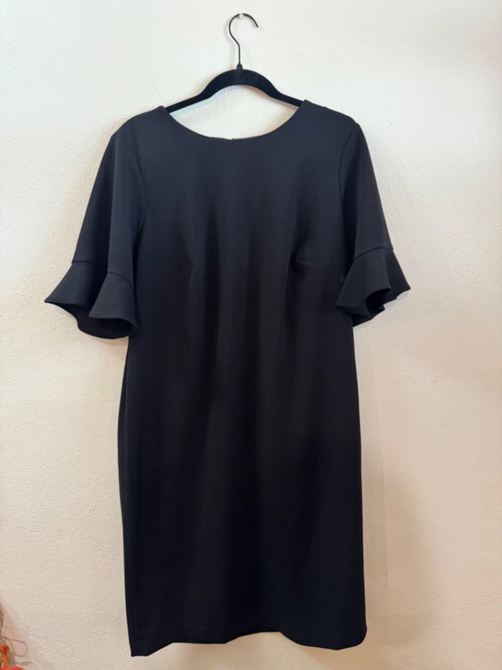 Calvin Klein Black Ruffle Sleeve Shift Dress Size 14 Gold Zip
